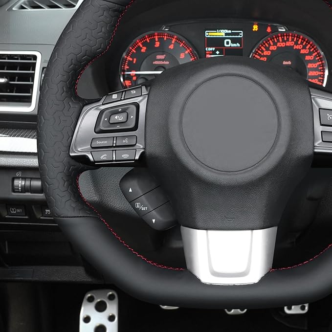 MEWANT Hand Stitch Black Smooth Geom Embossed Artificial Leather Steering Wheel Cover for Subaru WRX STI 2015-2021