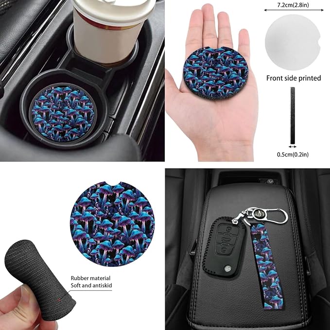 Purple Mushroom Auto Seat Covers Full Set+Mushrooms Coaster for Car+Mushroom Steering Wheel Covers+ Keychains+Vehicle Interior Mirror Covers+Handbreak Gear Shift Cover for Cars