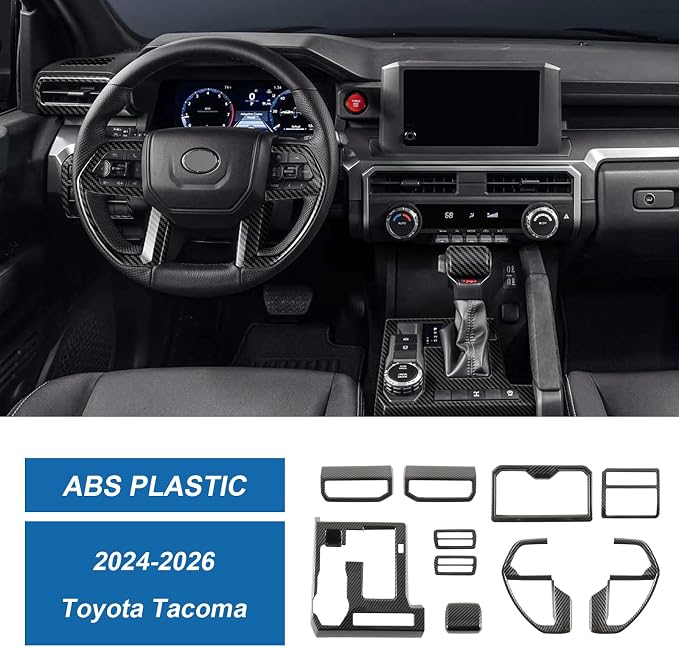 10PCS Carbon Fiber Interior Trim Cover Decorative Kit Compatible with 2024 2025 2026 Toyota Tacoma - Console, Door Handle and Window Lift Switch Panel Cover Accessories