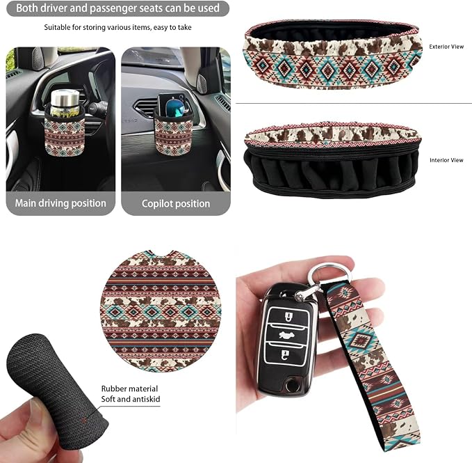 Dreaweet Aztec Brown Cow Seat Covers for Cars Full Set Native American Tribal Car Accessories Steering Wheel Cover Seat Belt Pads Coasters Trash Bag Air Vent Storage Bag Rearview Mirror Cover Keychain