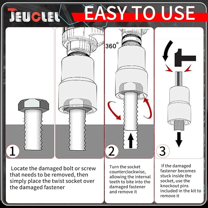 10PCS Twist Lug Nut Socket Set - 3/8 inch Drive Damaged Nut Lock Remover Extractor - Rusted & Stubborn Locking Nut Removal Tool Kit Center Punch Bar