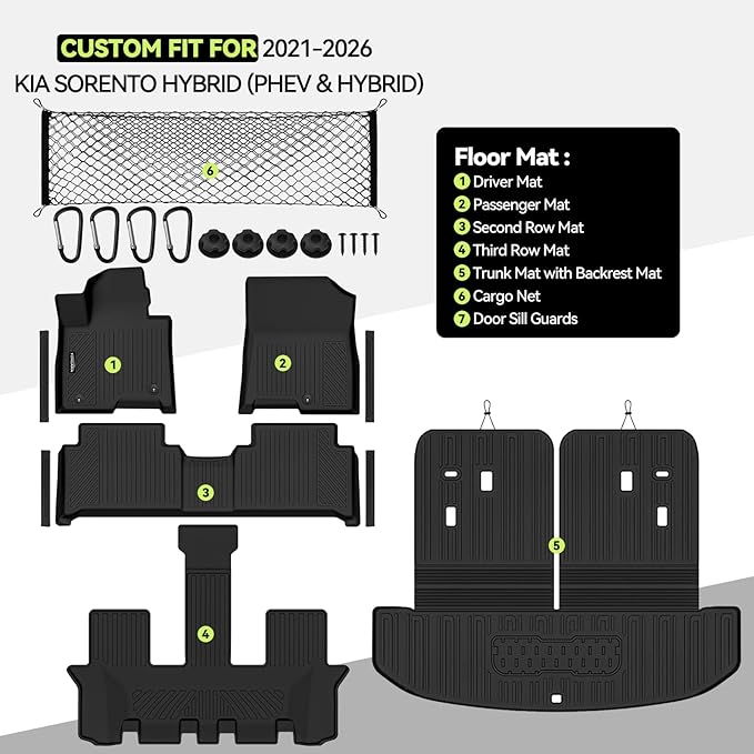 Tongama-Floor Mats for 2021-2026 Kia Sorento Hybrid (PHEV & Hybrid), All Weather TPE Trunk Mat with Backrest Mat & Cargo Net & Door Sill Guards for Kia Sorento Hybrid Floor Liner Accessories