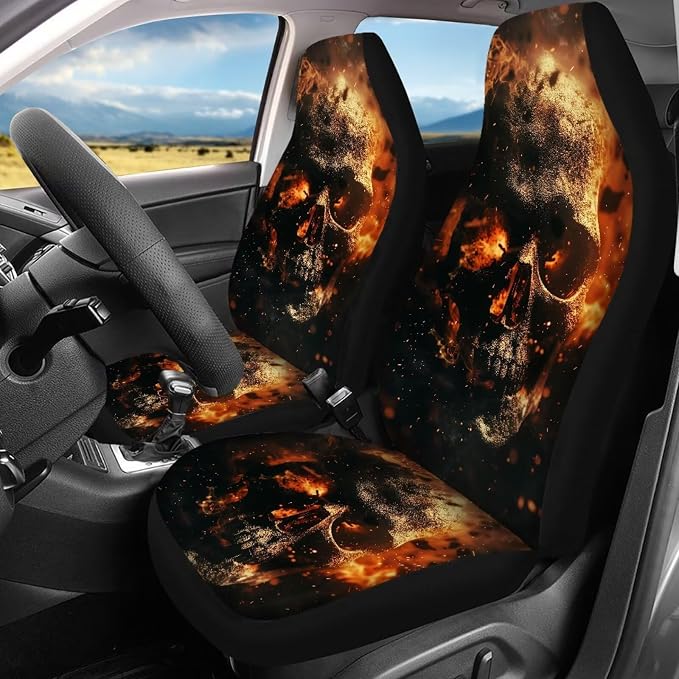 13 Piece 3D Flame Skull Car Seat Covers Full Set Car Steering Wheel Cover, Seat Belt Covers Cup Holder with Keychain, Novelty Design Automotive Protector Set Unverisal Fit