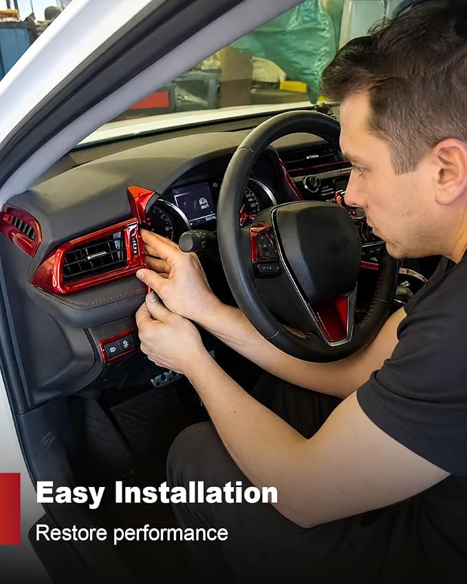 Red Carbon Fiber Interior Trim Kit Fit for Toyota Camry 2018-2024 | Dashboard Console Center Frame, Air Outlet and Steering Wheel Cover, Full Decoration Set