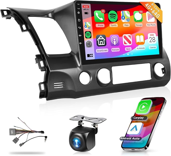8 Core 4G+64G Car Radio Stereo for Honda Civic 2006-2011 with 10.1" 1280 * 720 IPS Touch Screen/DSP 32EQ/Wireless CarPlay/Android Auto/BT 5.0/GPS/FM/RDS/WiFi/5G LET/MirrorLink/Backup Camera