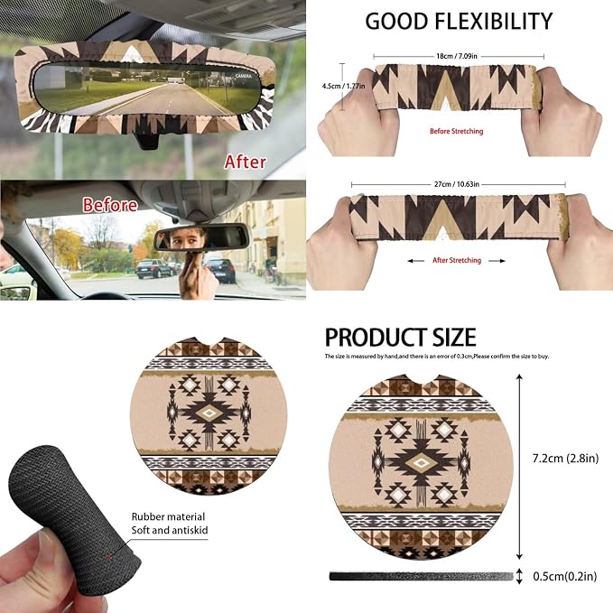 Ethnic Geo Car Seat Covers Set of 15 with Universal Steering Wheel Cover, Rearview Mirror Cover, Car Trash Can, Seatbelt Pads, Cup Holder Coasters, Keychains
