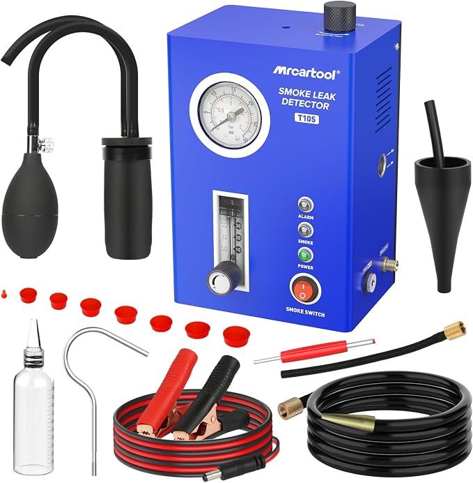 T105 Automotive Smoke Machine Leak Detector, Smoke Tester with Built-in Air Pump and Pressure Gauge, Vacuum Diagnostic Detector Tools Kit for 12V DC Cars