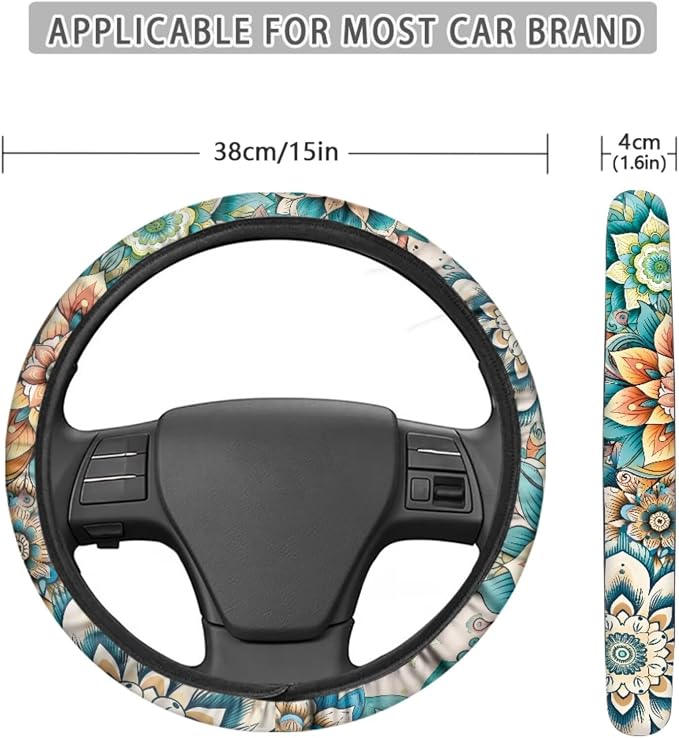 Boho Mandala Butterfly Pattern 13 Pieces Car Accessories, Car Seat Covers Full Set, Wear Resisting Steering Wheel Cover, Seat Belt Pads, Cup Holder Coasters Auto Interior Decoration