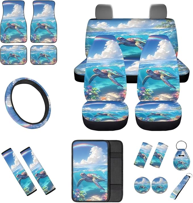 Summer Turtle Design Car Interior Accessories Set of 18, Car Seat Covers Full Set with Floor Mats Steering Wheel Cover Shoulder Pads Armrest Pad Cover Roof Gloves Cup Coaster Keychain