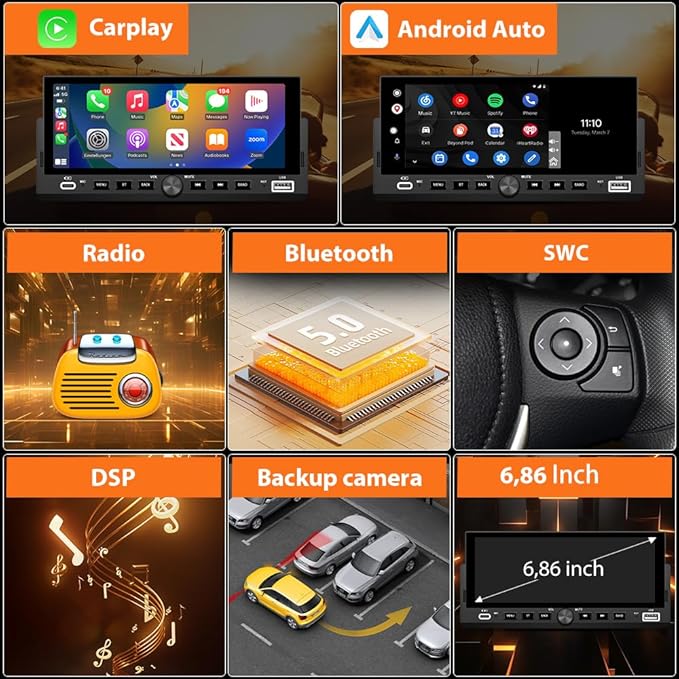 Single Din Car Stereo, 6.86 Inch CarPlay & Android Auto HD IPS Touchscreen Radio with Bluetooth with Backup Camera, Support USB Type-C Charging/USB/Mirror Link/Microphone/FM/EQ (B)