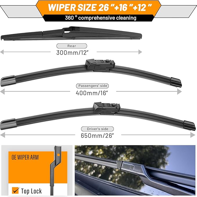 AUTOBOO 26"+16" Windshield Wipers with 12" Rear Wiper Blade Replacement for Lexus NX200t NX300 NX300h 2015 2016 2017 2018 2019 2020 2021 -Original Factory Quality (Pack of 3)