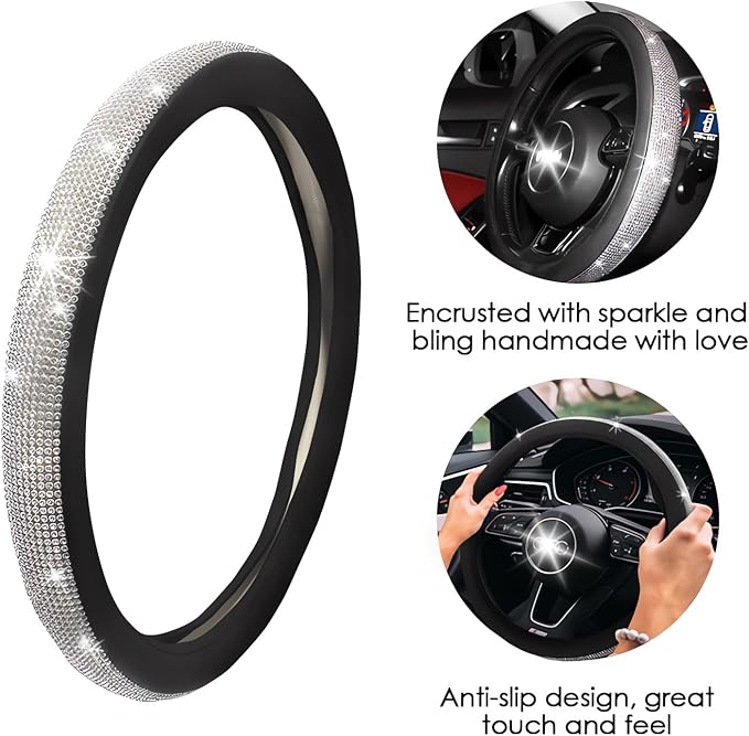 Guoord 12 PCs Bling Car Accessories Set for Women, Steering Wheel Covers Universal Fit 15in, License Plate Frame, Valve Stem Caps, Bling Car Coasters