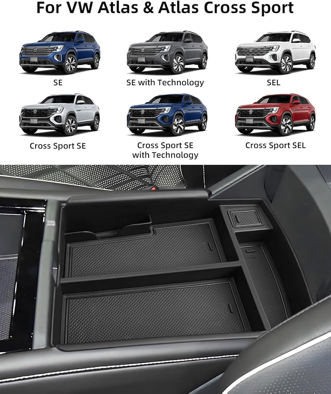 2PCS Atlas Center Console Organizer for 2025 2024 VW Atlas/Atlas Cross Sport, ABS Armrest Storage Box, Middle Console Tray Organize, Armrest Insert Container Pallet