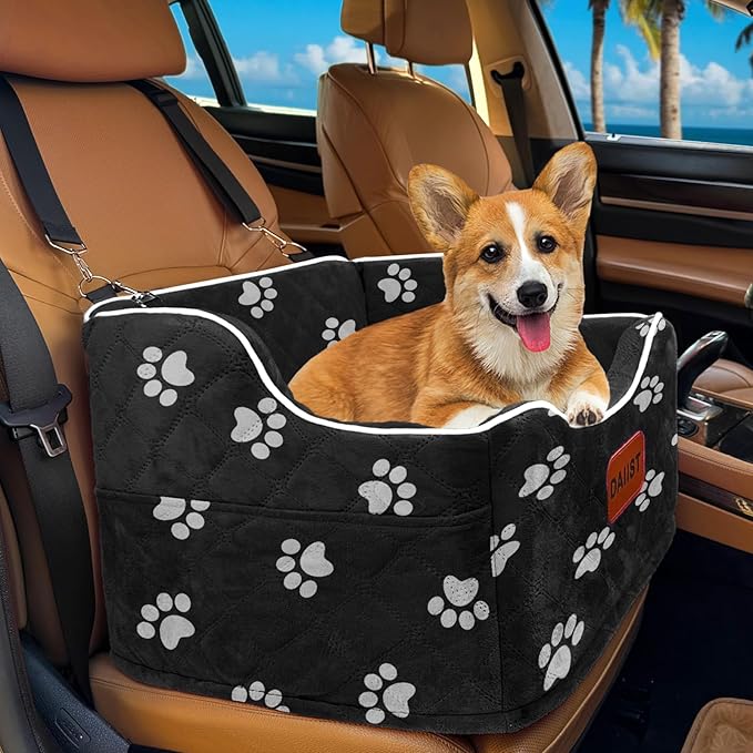 Dog Car Seat for Small Medium Dogs, Detachable Washable Dogs Booster Seat Under 35lbs, Elevated Dog Car Bed with Storage Pockets (Dog Claw Printed, One Size)