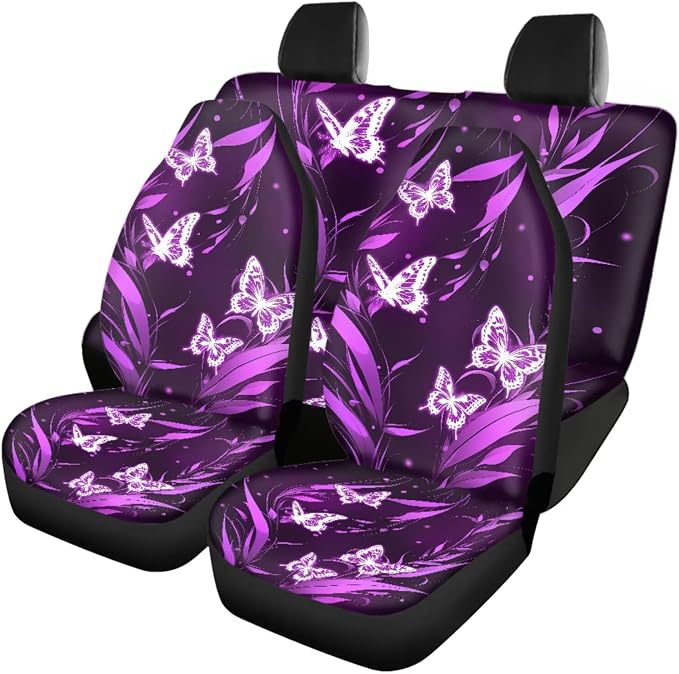 Purple Butterfly Car Seat Covers Full Set Auto Steering Wheel Cover Floor Mats Seat Belt Pads Armrest Pad Covers Roof Handle Wraps Cup Coasters Keychains Car Accessories Set of 18