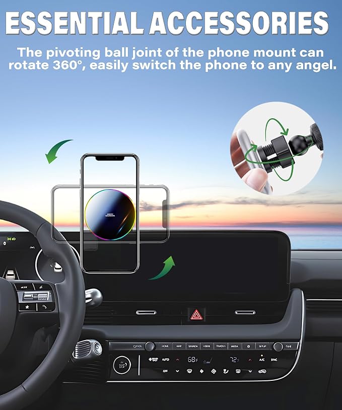 Car Phone Holder for 2022 2023 2024 2025 Hyundai loniq 5 Accessories Apply to 12.3 Inch Touchscreen 15W Fast Wireless Charger Screen Fixed Clip HandsFree Cell Phone Mount 360° Rotation