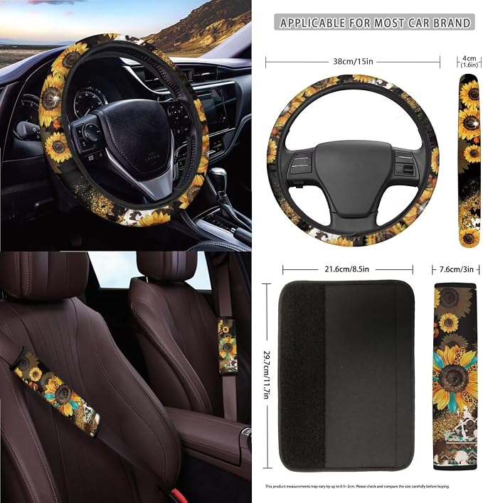 Wanyint Aztec Sunflower Leopard Cow Print 15 PCS Car Seat Covers Set, with Car Seat Protector Steering Wheel Cover Seat Belt Covers Trash Bin Sunglasses Pocket Rear View Mirror Cover Coasters Keychain