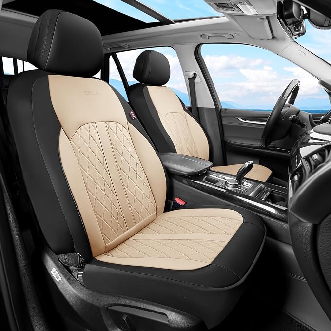 Coverado Universal Leather Seat Covers Front Seats, 2-Pack Seat Covers for SUV, Pickup Truck, Sedan, Automotive Vehicle Interior, Waterproof and Durable All Weather Protector，Black&Beige