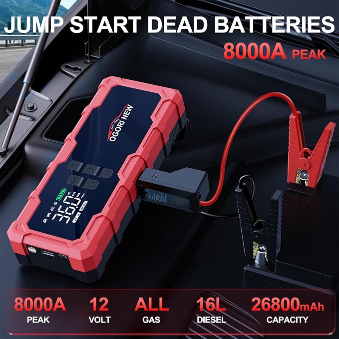 8000A Jump Starter with Air Compressor, 26800mAh 150PSI Portable Car Battery Jump Starter (All Gas/16L Diesel), 12V Supersafe Jump Box Car Battery Booster with Jumper Cables, Lights, Cigarette Lighter