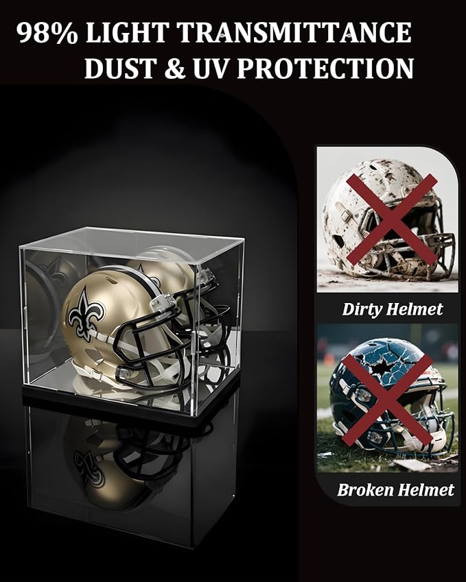 Mini Helmet Display Case with UV Protection & Mirror Back | Clear Acrylic Showcase for 1:2 Scale Football, Baseball & Sports Memorabilia | 7.9" x 5.9" x 5.9" Dustproof Box