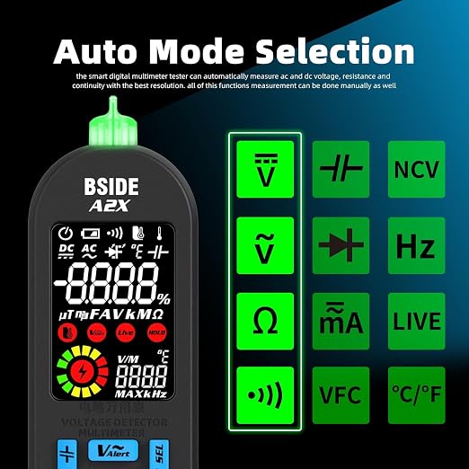 BSIDE Rechargeable Digital Multimeter Electrical Amp Tester Color LCD 6000 Counts Automatic Smart Voltmeter VFC Capacitance Diode AC DC Current Continuity Voltage Tester with Carrying Case