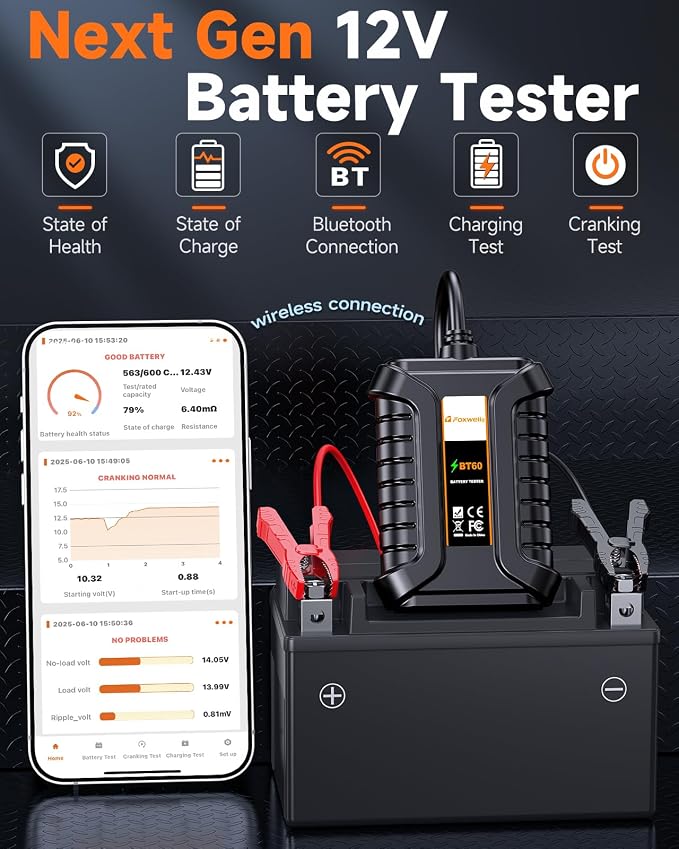 FOXWELL BT60 12V Bluetooth Battery Tester, Car Alternator Tester Compatible with Android/iPhone Battery Load Tester, SOH/SOC/Cranking/Charging System Analysis for Car/RV/Motorcycle/Boat