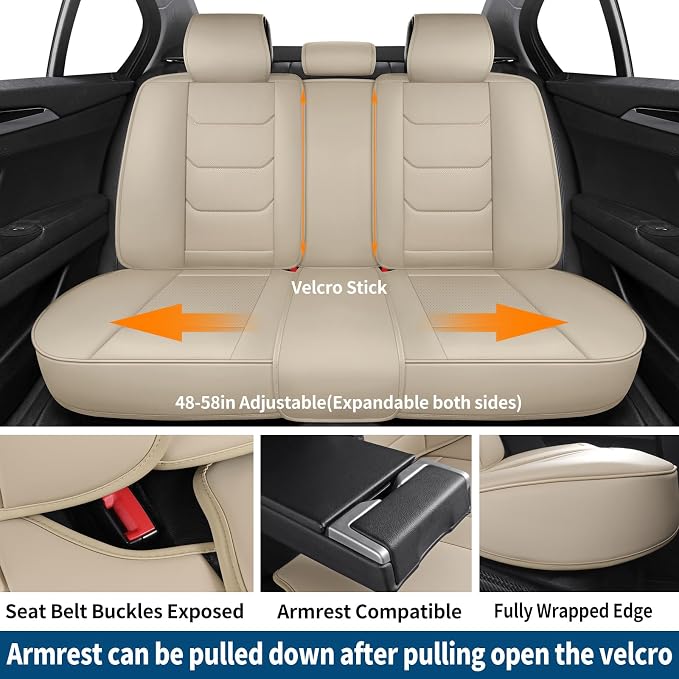 Leather Car Seat Covers Full Set Breathable Automotive Seat Covers Waterproof Seat Protectors Fit for Most Automotive Cars SUV Trucks Vehicle (Beige, Full Set)