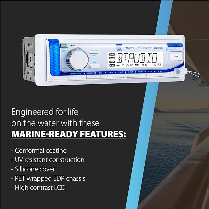 Dual Electronics MXD140 Marine Stereo with Built-in Bluetooth | Single DIN 8-Character Sunlight-Readable LCD Display | AM/FM Stereo Receiver | USB Port with 2.1 A Charging | White