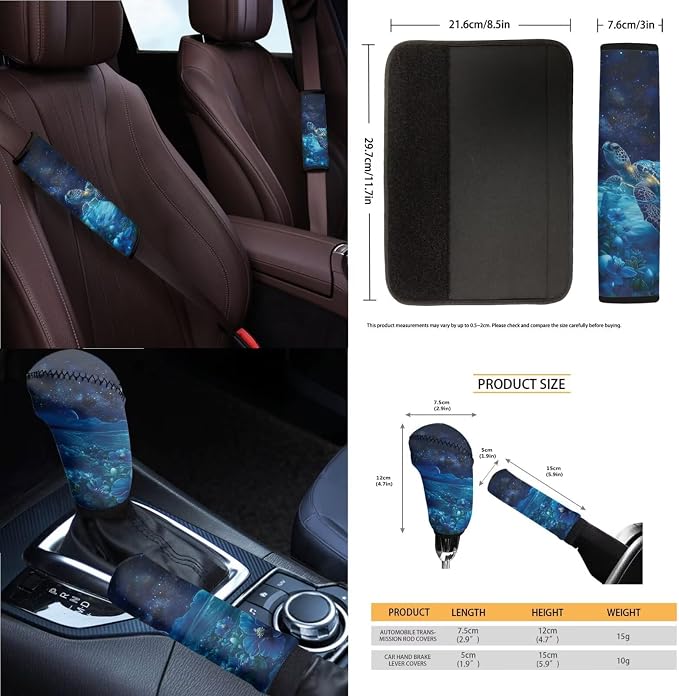 Sea Turtle Print Car Seat Cover Sets Full Set Flower Print High Back Seat Covers with Steering Wheel Cover Armrest Cushion Safety Belt Pads Trash Can for Truck Sedan SUV, Blue