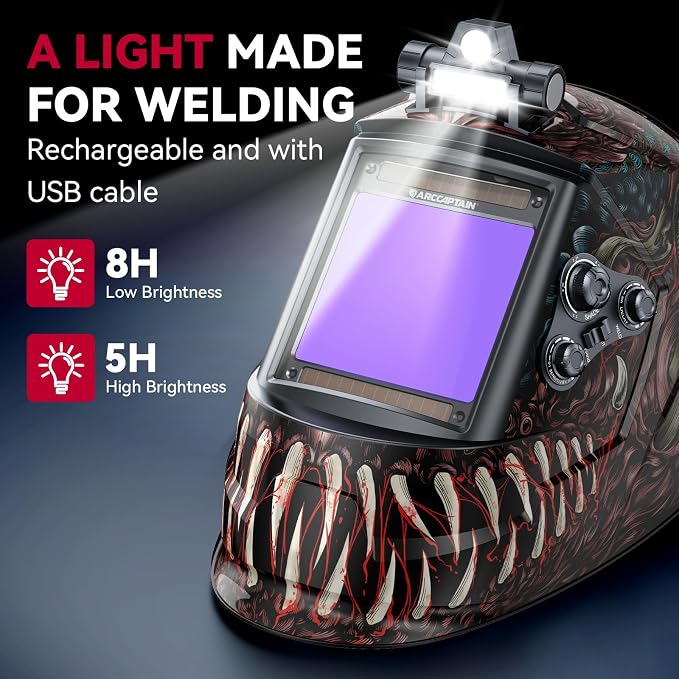 ARCCAPTAIN Large View 3.94" x 3.66" True Color Auto Darkening Welding Helmet with Light, Solar Powered Welding Hood, 4 Arc Sensor Wide Shade 4/5-9/9-13 for Stick MIG TIG Cut, Alien