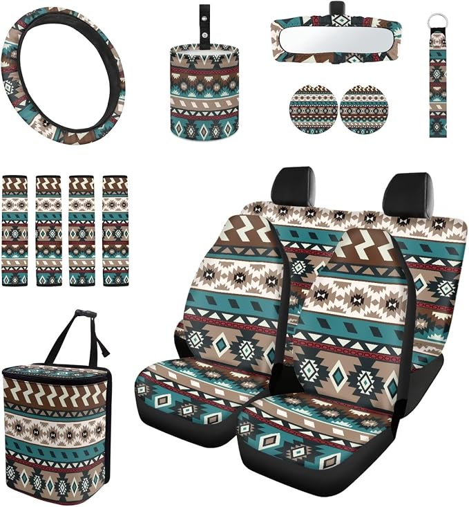 Southwestern Aztec Car Seat Covers Set of 15 with Universal Steering Wheel Cover, Rearview Mirror Cover, Car Trash Can, Seatbelt Pads, Cup Holder Coasters, Keychains