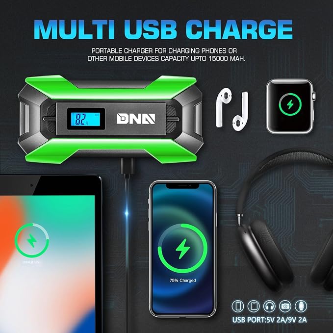 ‎DNA Motoring TOOLS-00266 12V 1500A 15000 mAh Multi-Function Portable Car Battery Jump Starter for Up to 7.0L Gas & 5.5L Diesel Engine, with Carry Case, Green