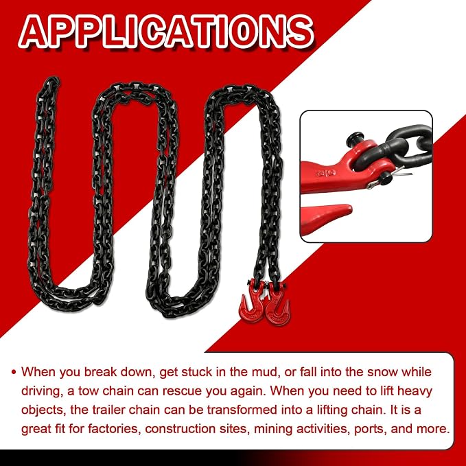 Heavy Duty G80 Transport Binder Chain 5/16'' Inch x 20 Feet,Tow Chain with G70 Clevis Grab Hooks,4900 lbs Safe Working Load Logging for Transporting, Towing(5/16'' x 20FT Black).