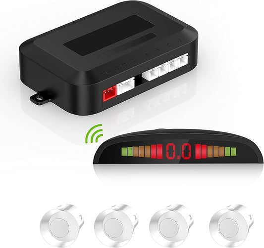 Cordless Parking Sensor, Reverse Radar System with 4 Car Backup Sensors, LED Distance Display with Sound Warning + 4 White Parking Sensors for Cars, Vans, RVs, and Trailers
