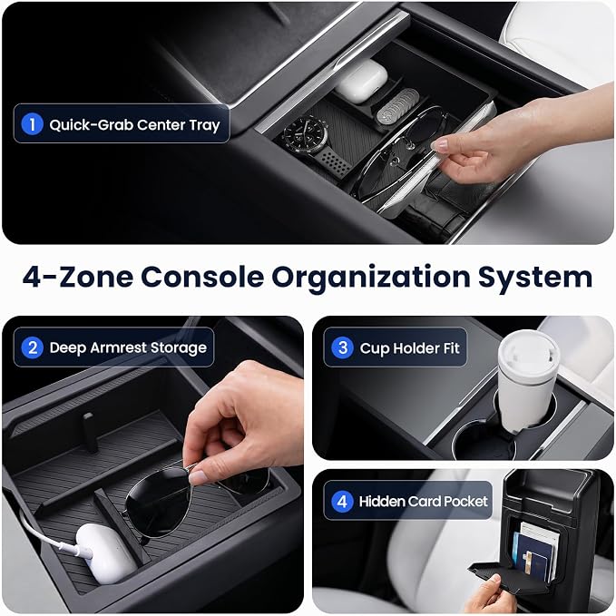2026 Center Console Organizer for Tesla Model Y Juniper & Model 3 | OEM-Style Fit, Double-Layer Storage, Non-Slip Low-Rattle Mats, Tesla Model Y Juniper 2025-2026 & Model 3 Highland 2024-2026