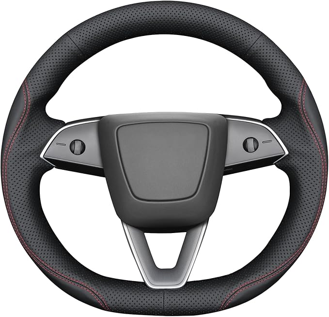 MEWANT Hand Stitch Black Real Leather Steering Wheel Cover for Tesla Model 3 Highland Model Juniper DIY Steering Wrap