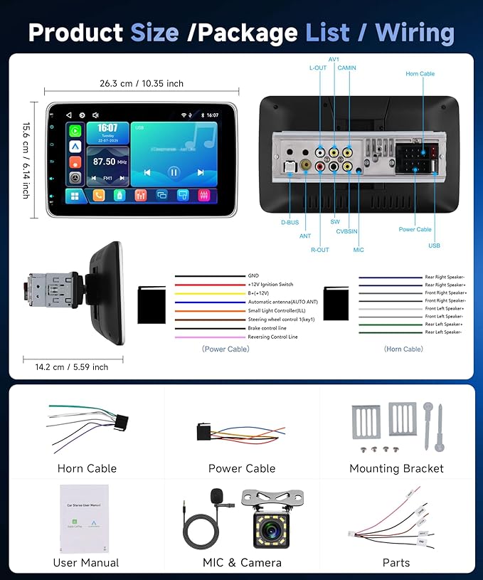 Single Din Car Stereo with Wireless A-pple Carplay Android Auto You-Tube, 10" IPS Touch Screen Car Radio 1 Din with Backup Camera Car Audio Receiver Support Mirror Link BT FM USB EQ SWC