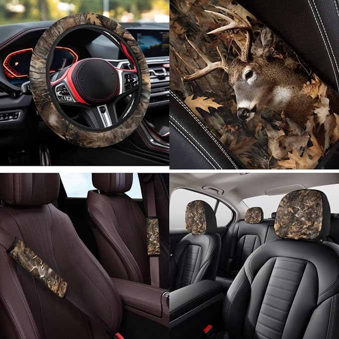 Bulopur Deer Hunting Camo Automotive Seat Covers Full Set with Matching Steering Wheel Cover Console Armrest Cushion Vehicle Seat Belt Pads Headrest Covers Car Interior Decor Set 14 Piece
