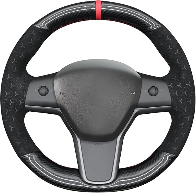MEWANT DIY Geom Embossed Athsuede Shiny PU Carbon Fiber Steering Wheel Cover for Tesla Model Y 2023 Model 3 2017-2023