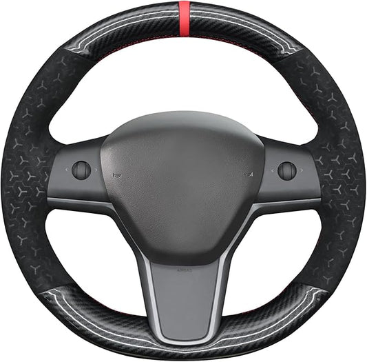 MEWANT DIY Geom Embossed Athsuede Shiny PU Carbon Fiber Steering Wheel Cover for Tesla Model Y 2023 Model 3 2017-2023