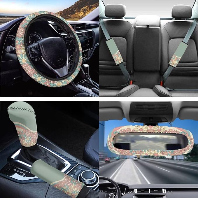 Abstract 70S 80S Green Groovy Flower Car Seat Cover Full Sets for Women,14Pack,Green Swirl Wavy Auto Seat Covers for Front Back,Coaster,Keychain,Seatbelt Pads,Auto Rear View Mirror Cover