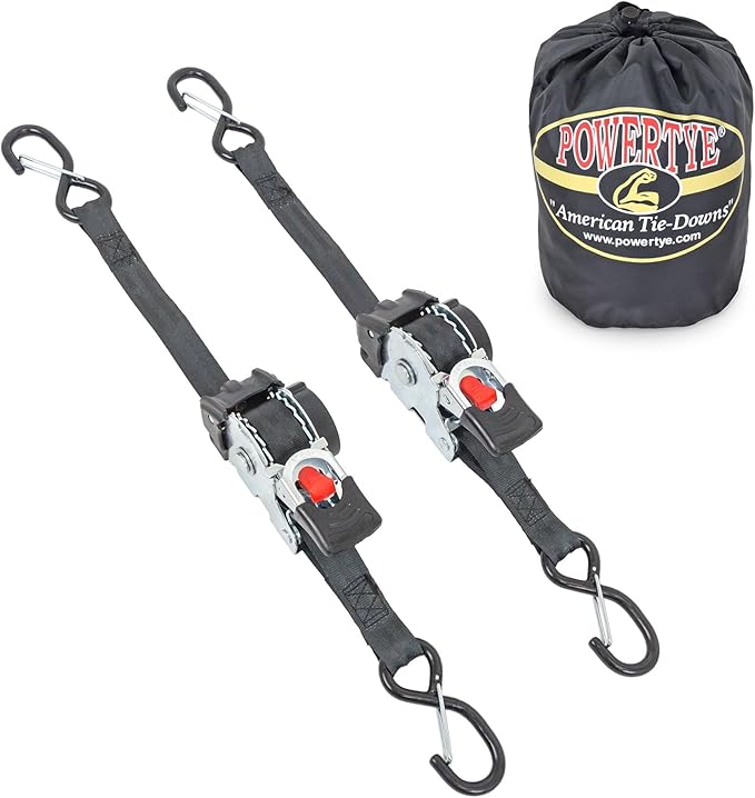 PowerTye - 1 inch x 10ft Long Retractable Ratchet Tie Down Strap with Latch Hooks - Self-Retracting Ratchet, Ideal for Motorcycle, ATV, and Light Cargo, Includes Nylon Storage Bag, Black (Pair)