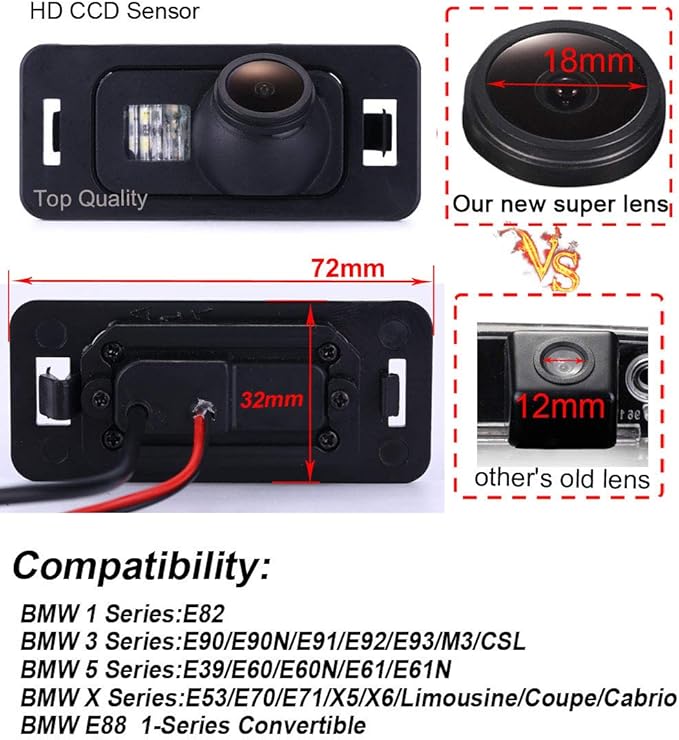Super HD Vehicle Camera 1280x720 Pixels 1000 TV Lines Vehicle Car Rear View Backup Camera 170° Reverse for BMW 1 3 5 X Series E90/E90N/E91/E92/E93/M3/CSL E82 E39/E60/E60N/E61/E61N E53/E70/E71/X5/X6