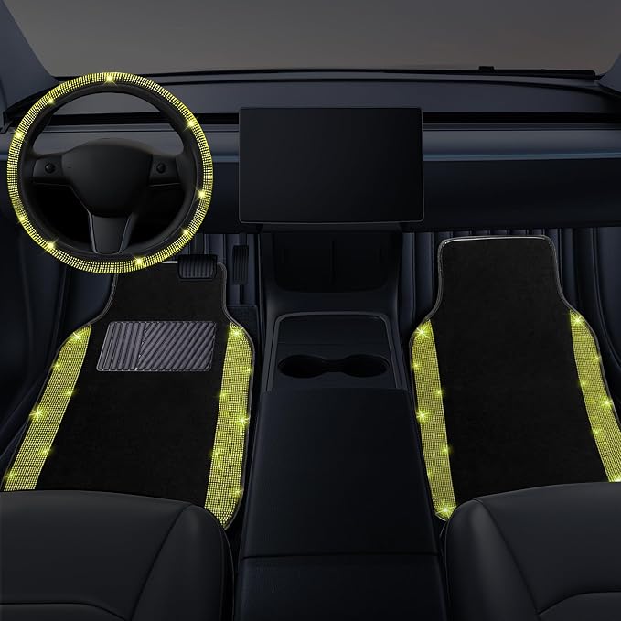 NBTEPEM Bling Car Floor Mats Full Set and Steering Wheel Cover, Universal Fit Most Cars, 4 pcs Sparkle Glitter Diamond Carpet, 5 pcs Bling Car Accessories Set for Women (Yellow Diamond)