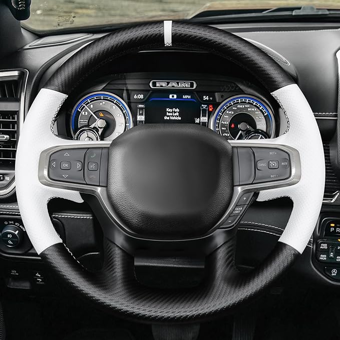 MEWANT Hand-Stitched Steering Wheel Cover Wrap for Dodge Ram 1500 2019-2023 Steering Wheel Accessories for Dodge Ram(Backsides Without Buttons)