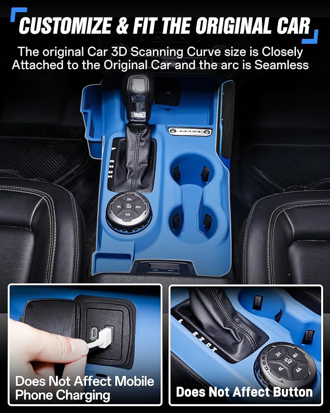 Central Control Storage Box Silicone Non-Slip Mat fit for Ford Bronco 2021-2024 Automatic Transmission 2/4 Door Water Cup Mat Central Protective Scratch Pad Interior Modification Accessories-Blue