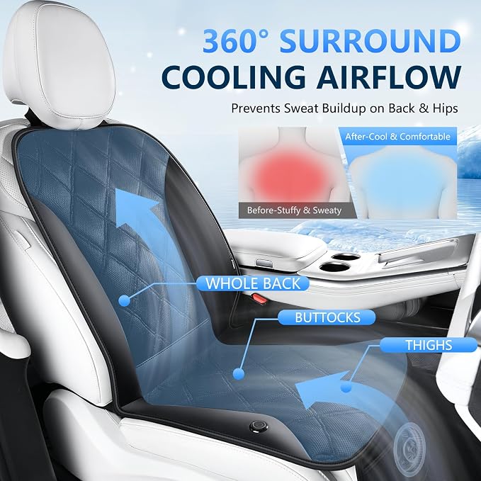 Upgraded Cooling Car Seat Cover, 12V-24V Ventilated Car Seat Cushion, 3-Speed Adjustable Cooling Car Seat Cushion, Breathable Mesh & Leather Cooling Seat Pad Universal Fit Car SUV Truck Van-Black