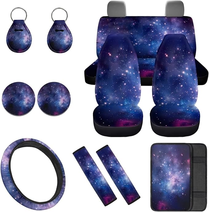 Purple Galaxy Car Seat Covers Set 12 Pcs with Steering Wheel Cover Seat Belt Cover Center Console Cover Keychain Holder Easy to Install Fit for Most Cars, SUVs