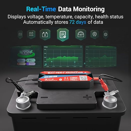 All-Round Battery Monitor, 6V/12V/24V Adaptable, IP67 Waterproof, Auto Alarm, 72-Day Logging, Compatible with Lead-Acid/Lithium Batteries for Cars/Boats/Storage