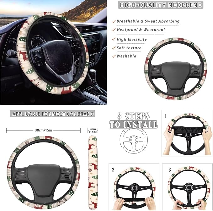 Deer Christmas Tree Pattern 10 Pack Car Seat Cover Set, 4 Front Rear Seat Covers, 1 Steering Wheel Cover, 1 Hanging Car Trash Can, 1 Air Vent Pouch, 2 Coasters, 1 Keychain Christmas Decor